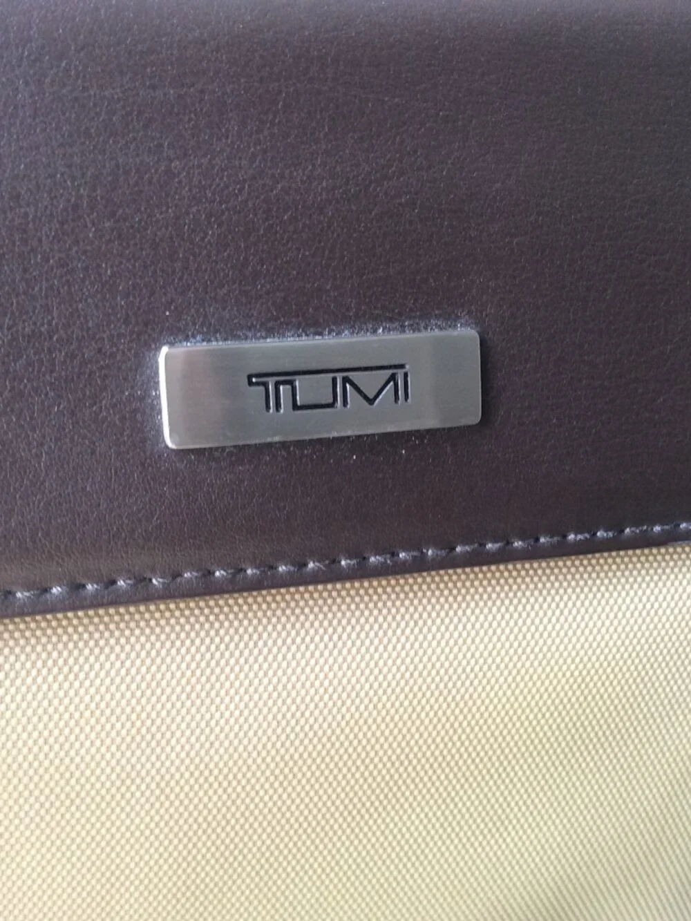 TUMI Laptop Bag, Tan Nylon Body with Brown Leather Trim